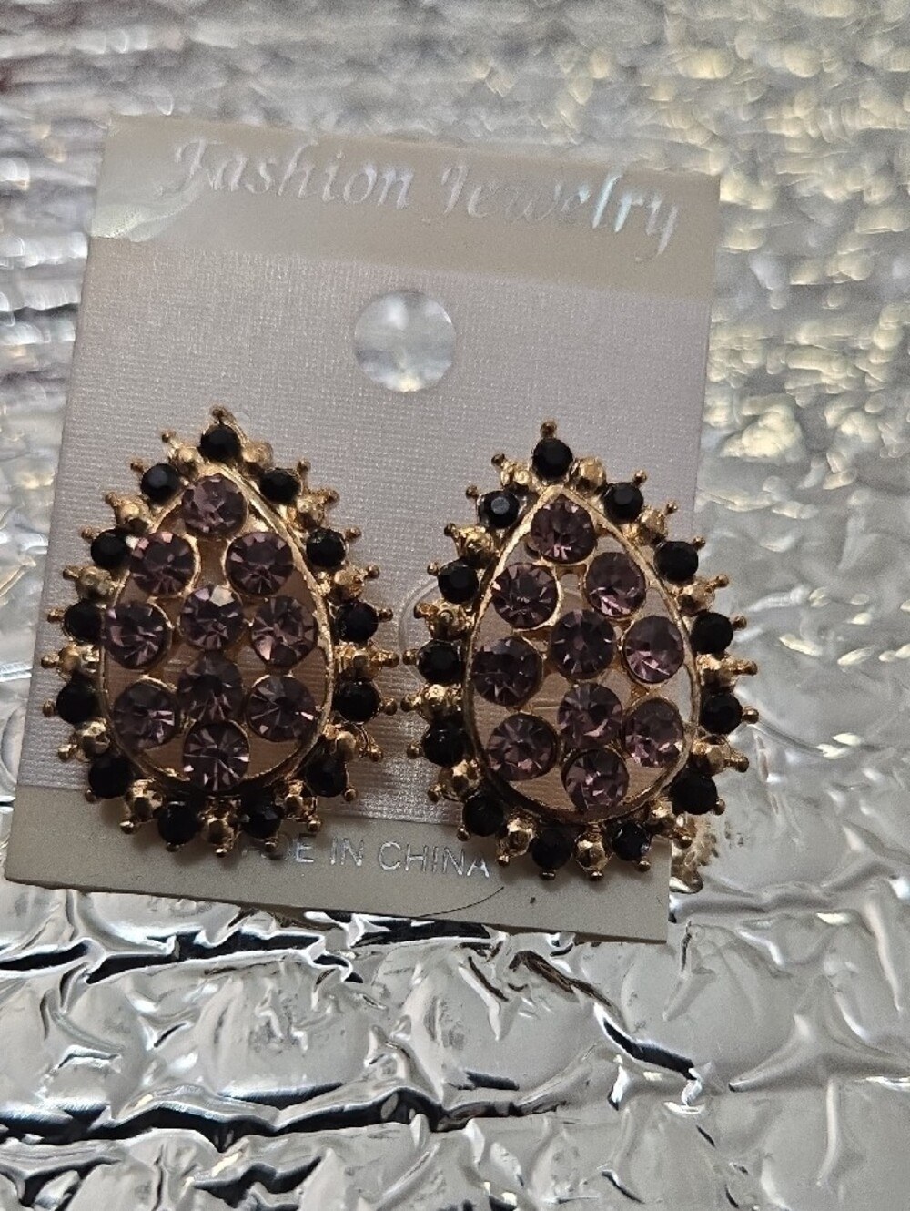 Fashion Jewelry Gold-Tone Teardrop Earrings with Lavender/ Pinkand Black Accents